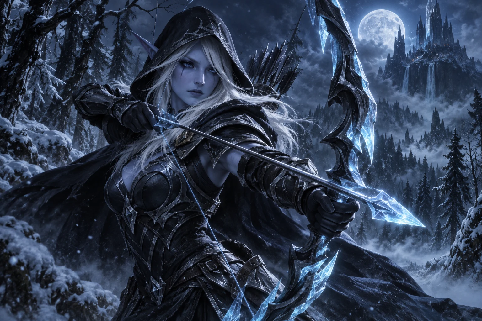 Drow Ranger с белыми волосами и ледяным луком в зимнем лесу при лунном свете
