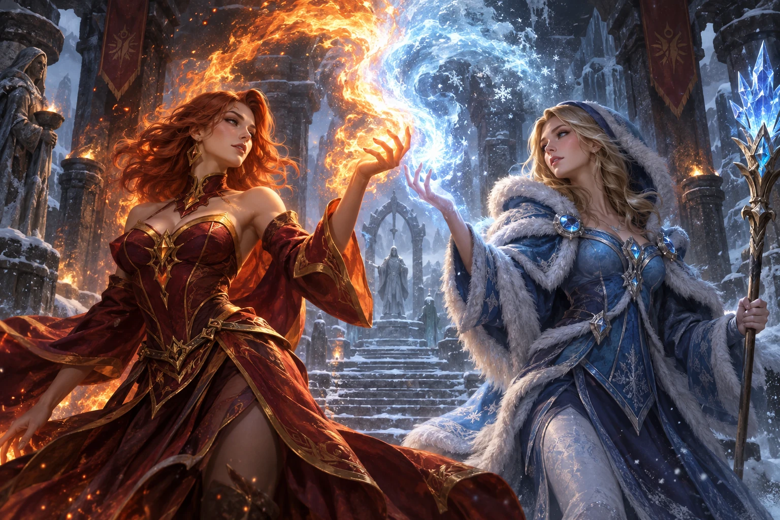 Lina и Crystal Maiden вместе в заснеженном храме, между огненным сиянием и ледяной магией