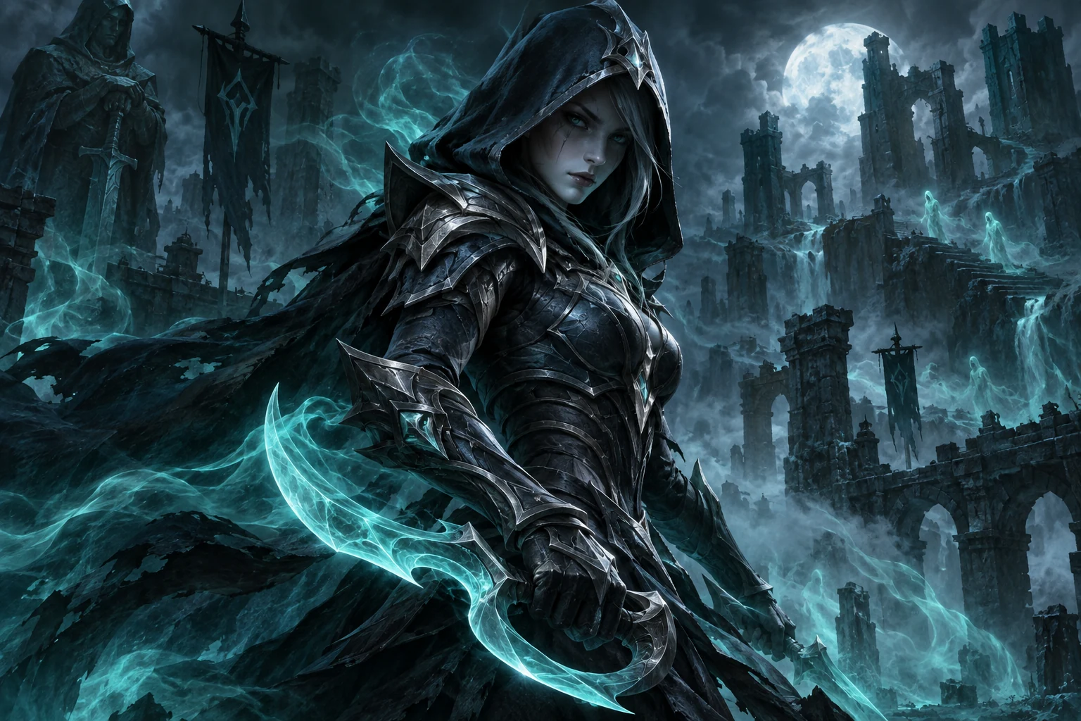 Phantom Assassin в тёмном капюшоне с призрачными бирюзовыми клинками