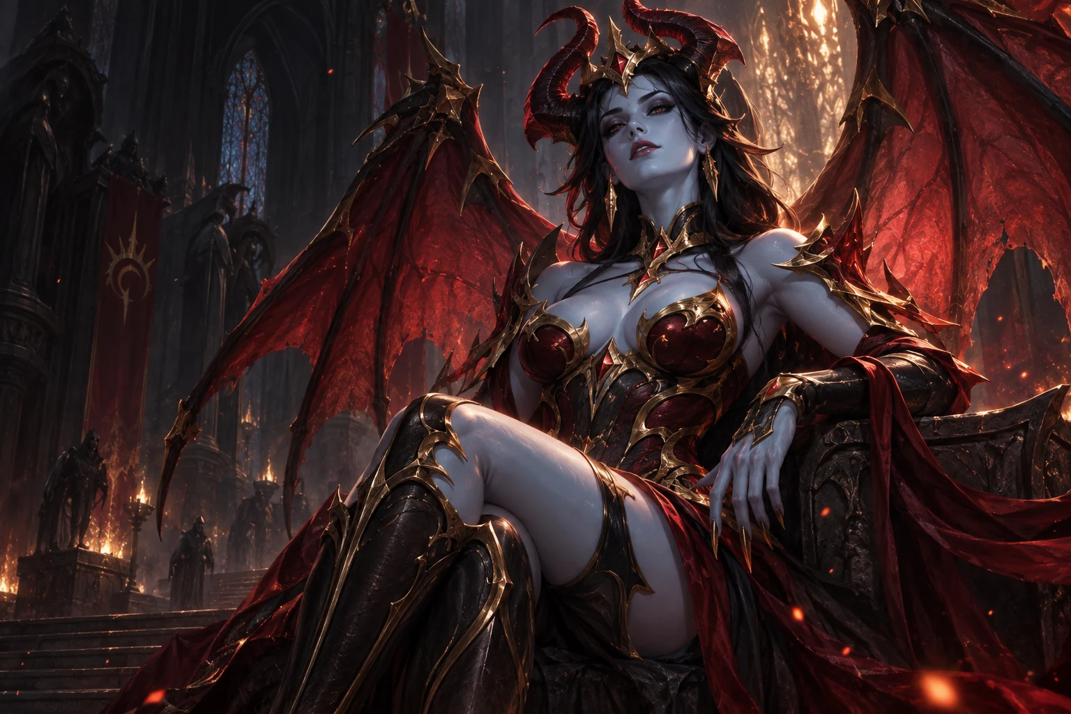Queen of Pain в аркане Eminence of Ristul с багровыми крыльями в готическом соборе
