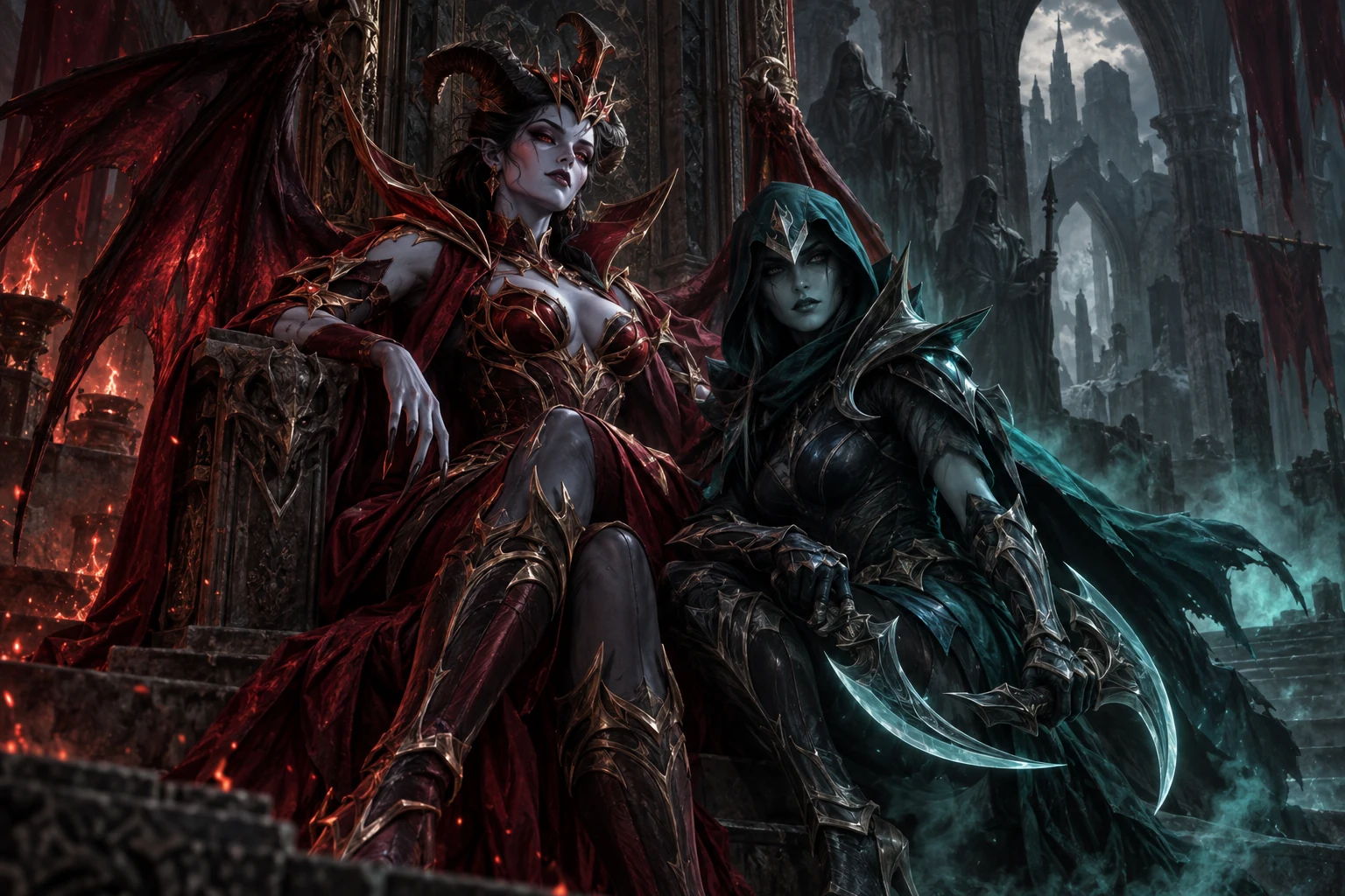 Queen of Pain и Phantom Assassin вместе в готическом тронном зале среди багрового и бирюзового света