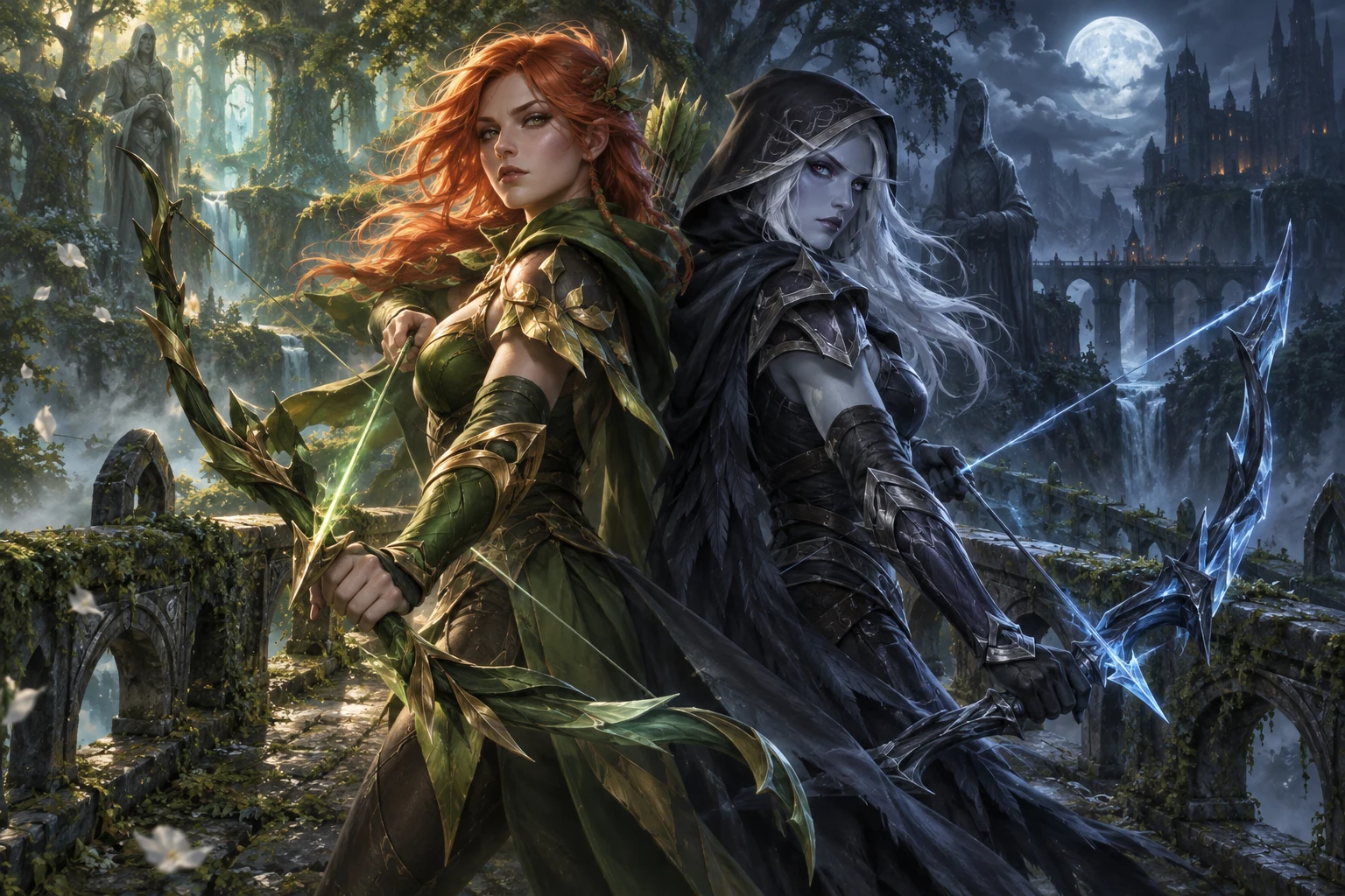 Windranger и Drow Ranger вместе на древнем мосту между изумрудным лесом и холодным лунным светом